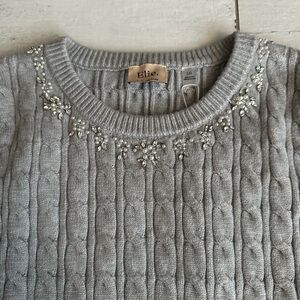 Elie Tahari Gray Cable Knit Sweater with Embellishments